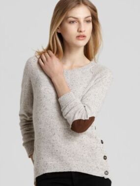 Autumn Cashmere High Low Sweater with Side Buttons and Leather Elbow Patches